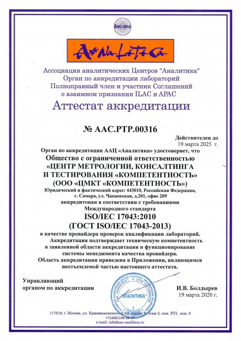 Аттестат аккредитации № ААС.РТР.00316